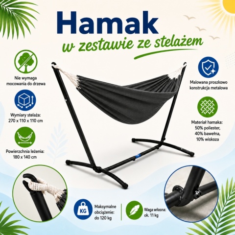 Zewnętrzny hamak Ogrodowy na taras solidna rama metalowa Antracytowy