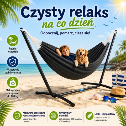 Zewnętrzny hamak Ogrodowy na taras solidna rama metalowa Antracytowy