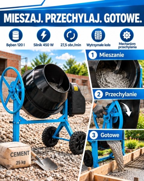 Betoniarka elektryczna BITUXX 120 l 450 W do betonu i zapraw
