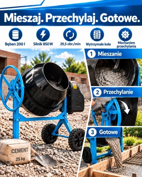 Betoniarka elektryczna BITUXX 200 l 850 W do betonu i zapraw
