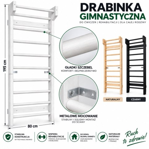 Drewniana drabinka gimnastyczna 195 × 80 cm do ćwiczeń i rehabilitacji – drabinka ścienna do domowej siłowni