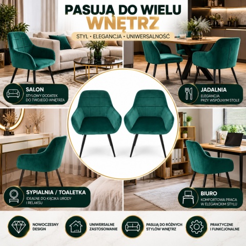 Fotel welurowy 2szt komplet stylowe krzesła butelkowa zieleń nowoczesne