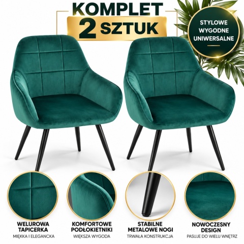 Fotel welurowy 2szt komplet stylowe krzesła butelkowa zieleń nowoczesne
