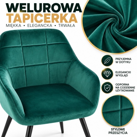 Fotel welurowy 2szt komplet stylowe krzesła butelkowa zieleń nowoczesne