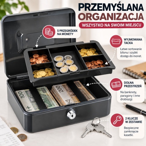 Kasetka na pieniądze metalowa ciemnoszara 25cm kasetka transportowa