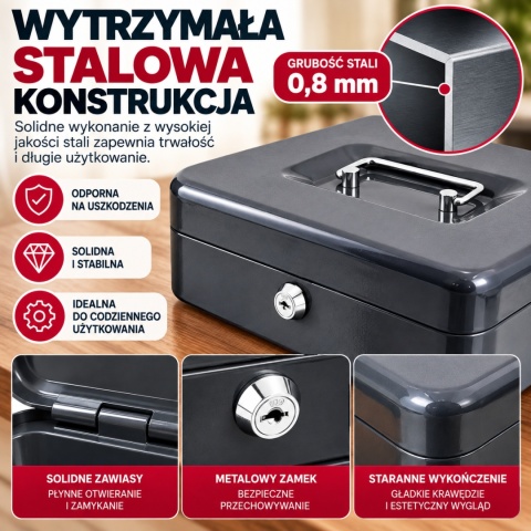Kasetka na pieniądze metalowa ciemnoszara 25cm kasetka transportowa
