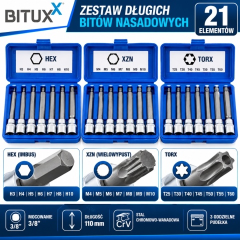 Komplet narzędzi nasadkowych sześciokątnych BITUXX 3/8" 21 elementów