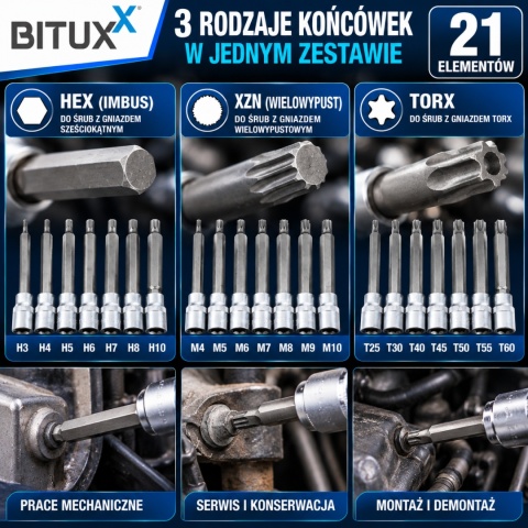 Komplet narzędzi nasadkowych sześciokątnych BITUXX 3/8" 21 elementów