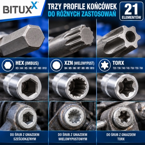 Komplet narzędzi nasadkowych sześciokątnych BITUXX 3/8" 21 elementów