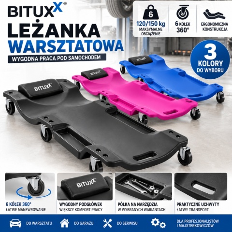 Leżanka warsztatowa BITUXX na kółkach 120/150 kg 6 kółek 360° wielowariantowa