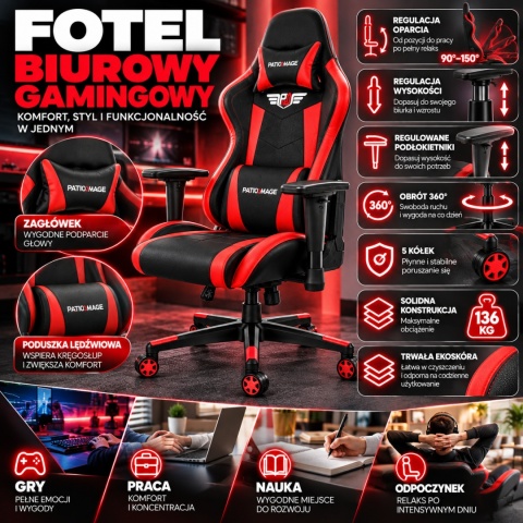 Obrotowy Fotel biurowy/gamingowy do komputera czarno-czerwony ze skóry