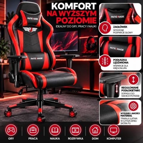 Obrotowy Fotel biurowy/gamingowy do komputera czarno-czerwony ze skóry