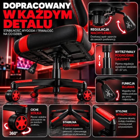Obrotowy Fotel biurowy/gamingowy do komputera czarno-czerwony ze skóry