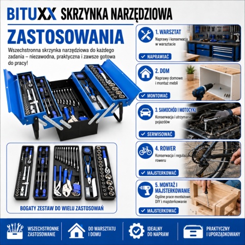 Skrzynka narzędziowa zestaw 85 elementów klucze nasadki bity śrubokręt komplet narzędzi
