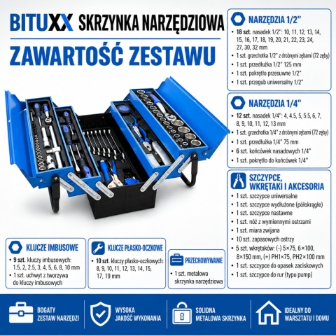 Skrzynka narzędziowa zestaw 85 elementów klucze nasadki bity śrubokręt komplet narzędzi