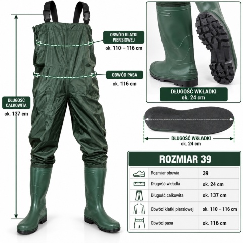 Wodery Wędkarskie rozmiar 39 Zielone wodoodporne Spodnie dla Wędkarza Rybaka
