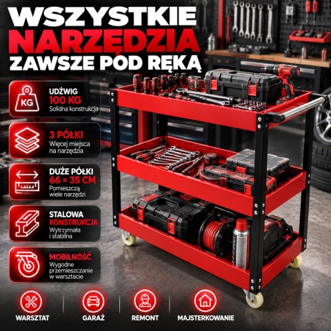Wózek warsztatowy na narzędzia kolor czerwony na kółkach