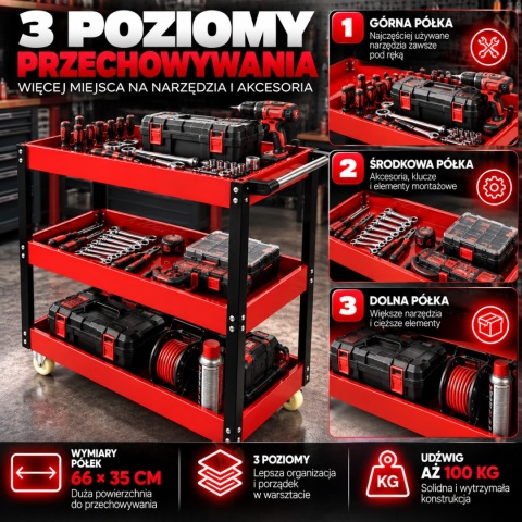 Wózek warsztatowy na narzędzia kolor czerwony na kółkach
