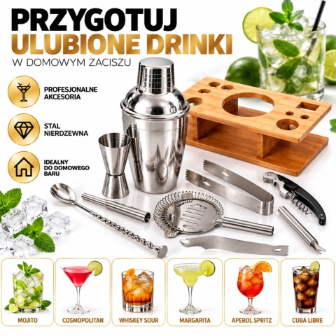 ZESTAW BARMAŃSKI 11 ELEMENTÓE PREZENT DLA BARMANA OZDOBNY GADŻET