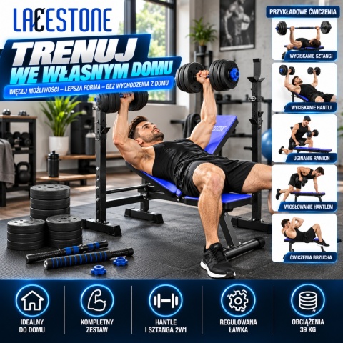 ZESTAW ŁAWKA TRENINGOWA Z ZESTAWEM HANTLI 2W1 40KG DOMOWA SIŁOWNIA