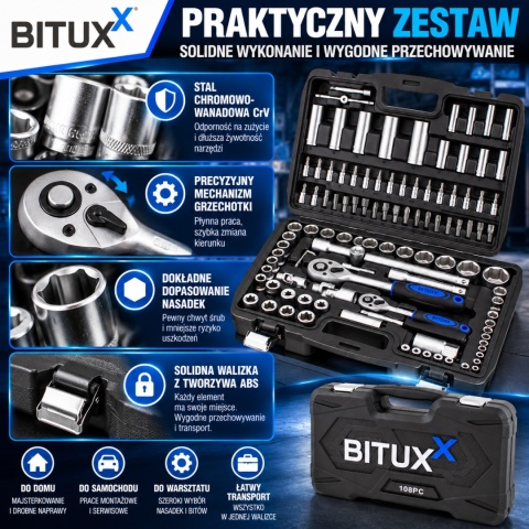 Zestaw Kluczy nasadowych Grzechotka 108 elementów Klucze w walizce
