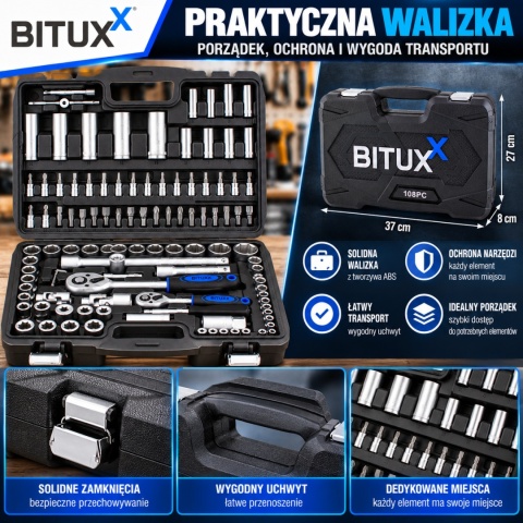 Zestaw Kluczy nasadowych Grzechotka 108 elementów Klucze w walizce