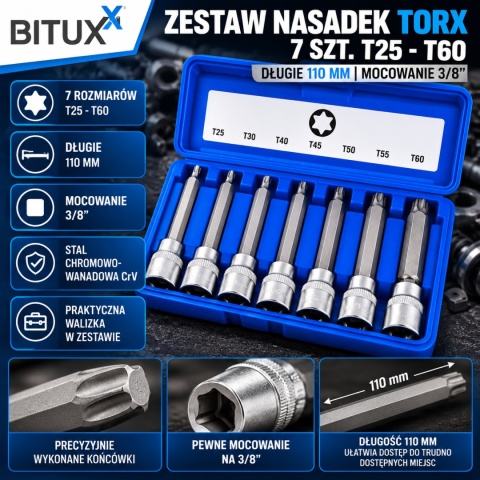 Zestaw narzędzi Kluczy Nasadki TORX 7 elementów BITUXX T25-T60 3/8"