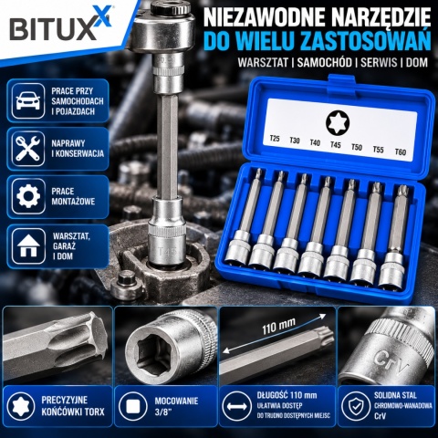 Zestaw narzędzi Kluczy Nasadki TORX 7 elementów BITUXX T25-T60 3/8"