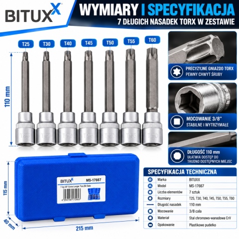 Zestaw narzędzi Kluczy Nasadki TORX 7 elementów BITUXX T25-T60 3/8"