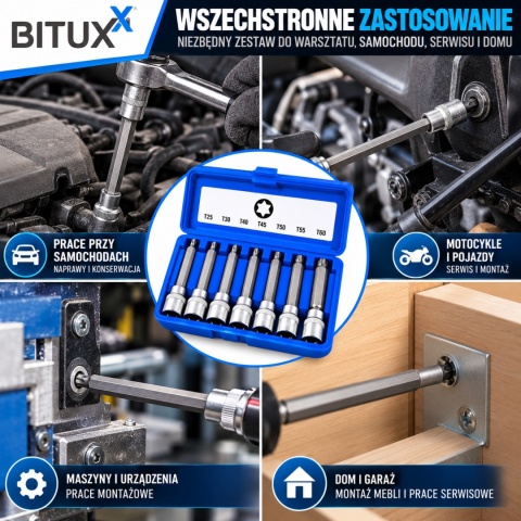 Zestaw narzędzi Kluczy Nasadki TORX 7 elementów BITUXX T25-T60 3/8"