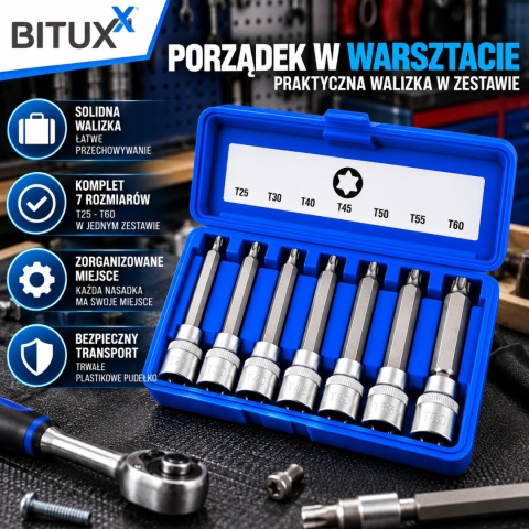 Zestaw narzędzi Kluczy Nasadki TORX 7 elementów BITUXX T25-T60 3/8"