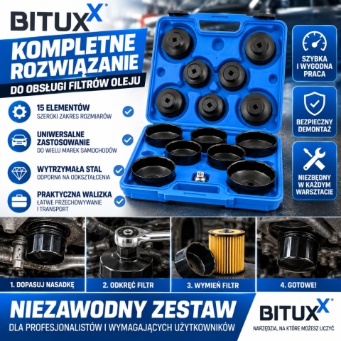 Zestaw narzędzi Kluczy Nasadowe Nasadki do filtrów oleju 15szt BITUXX