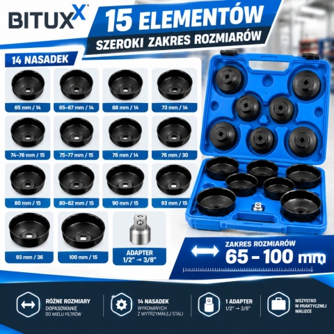 Zestaw narzędzi Kluczy Nasadowe Nasadki do filtrów oleju 15szt BITUXX