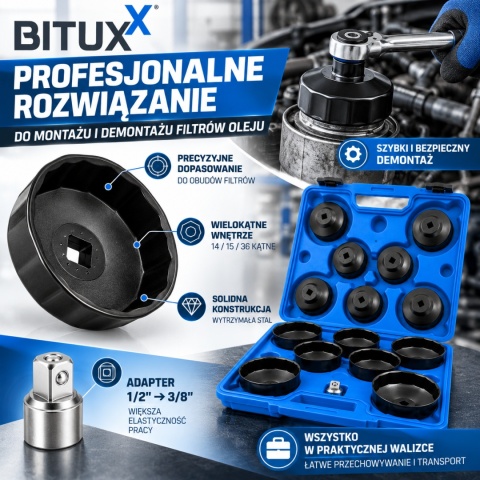 Zestaw narzędzi Kluczy Nasadowe Nasadki do filtrów oleju 15szt BITUXX